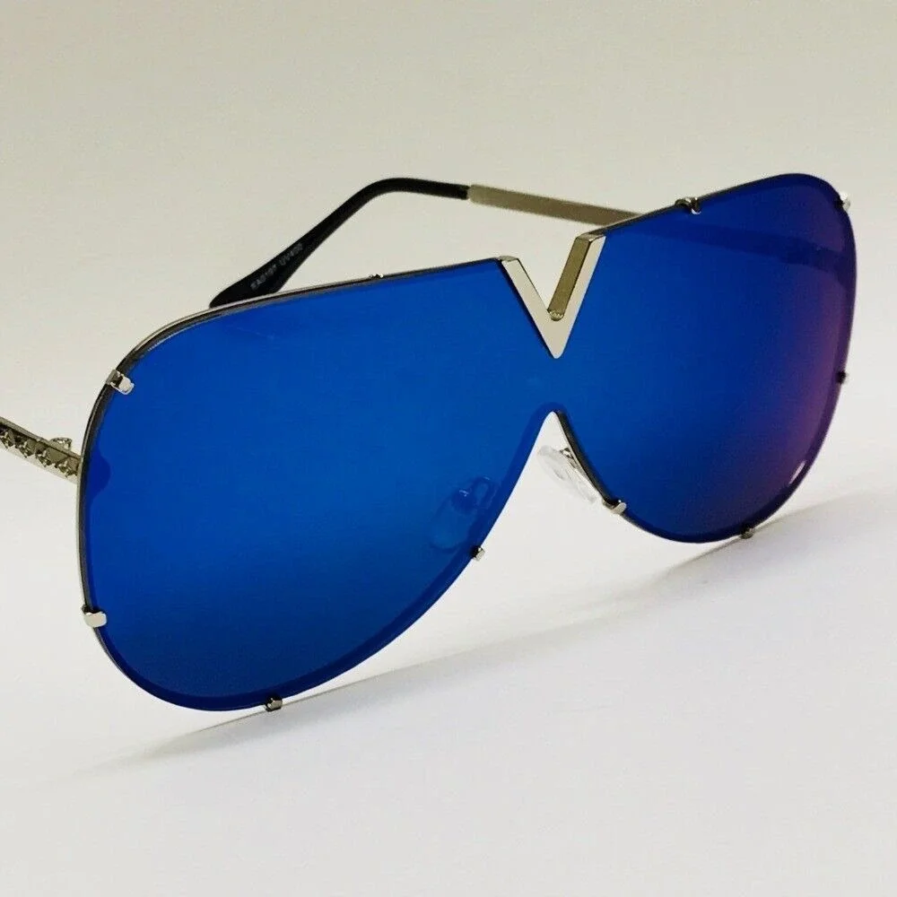 Rimless Shield Sunglasses Blue Mirrored Lens V Cutout Accents Fashion Trendy New
